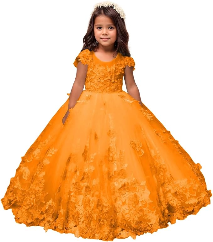 Orange / 18m Sunnypetal Romantic Blush Floral Lace Tulle Flower Girl Ball Gown