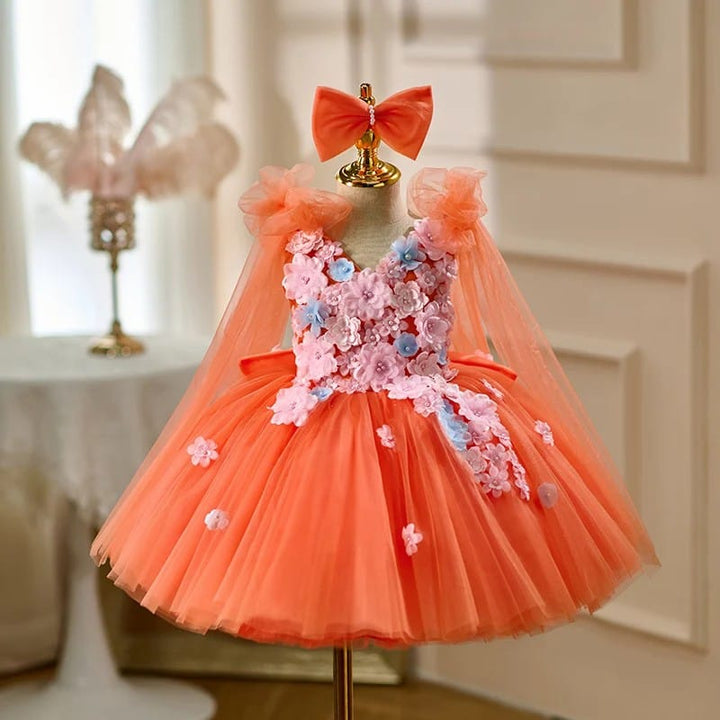 Orange / 3m Sunnypetal Orange V-Neck 3D Floral Tulle Princess Flower Girl Dress