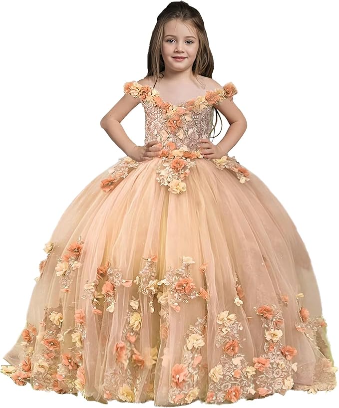 Peach / 18m Sunnypetal Exquisite Off-Shoulder Tulle 3D Floral Flower Girl Princess Dress with Satin Bow