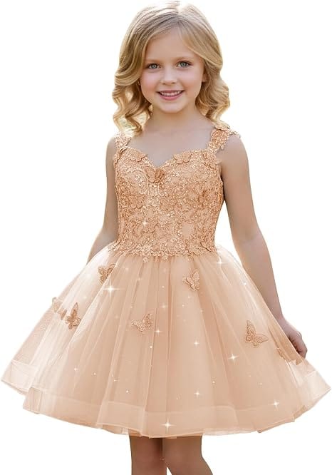 Peach / 18m Sunnypetal Luxury Mint Green Butterfly Lace Flower Girl Dress