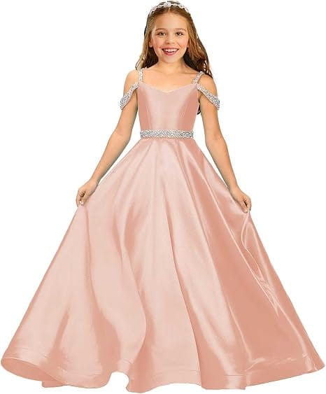Peach / 9m Sunnypetal Luxury Off-Shoulder Satin Rhinestone Flower Girl Princess Gown