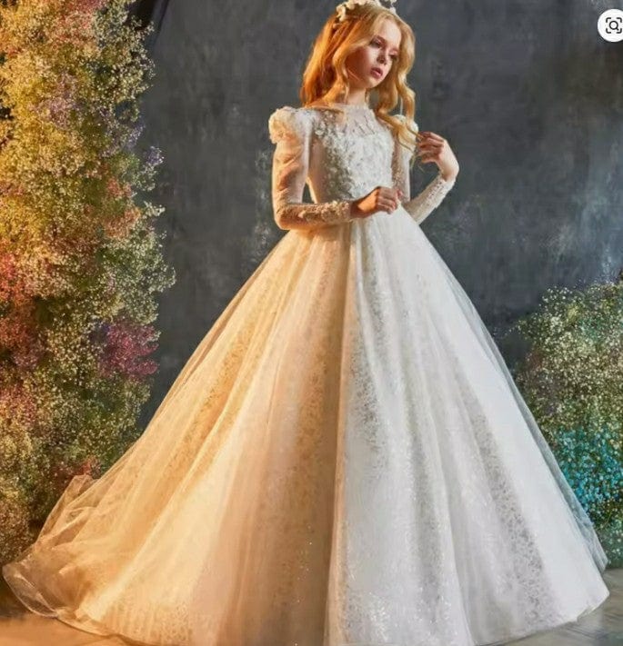 Picture Color / 3m Sunnypetal Luxurious White Sparkle Flower Girl Gown