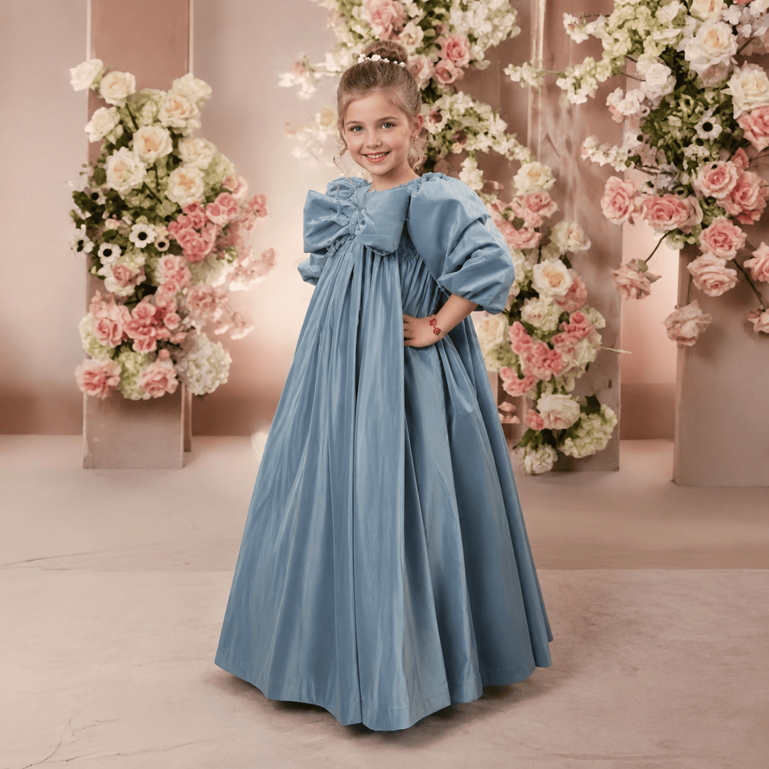 Picture Color / 3m Sunnypetal Puff Sleeves Long Flower Girl Princess Dress with Bow