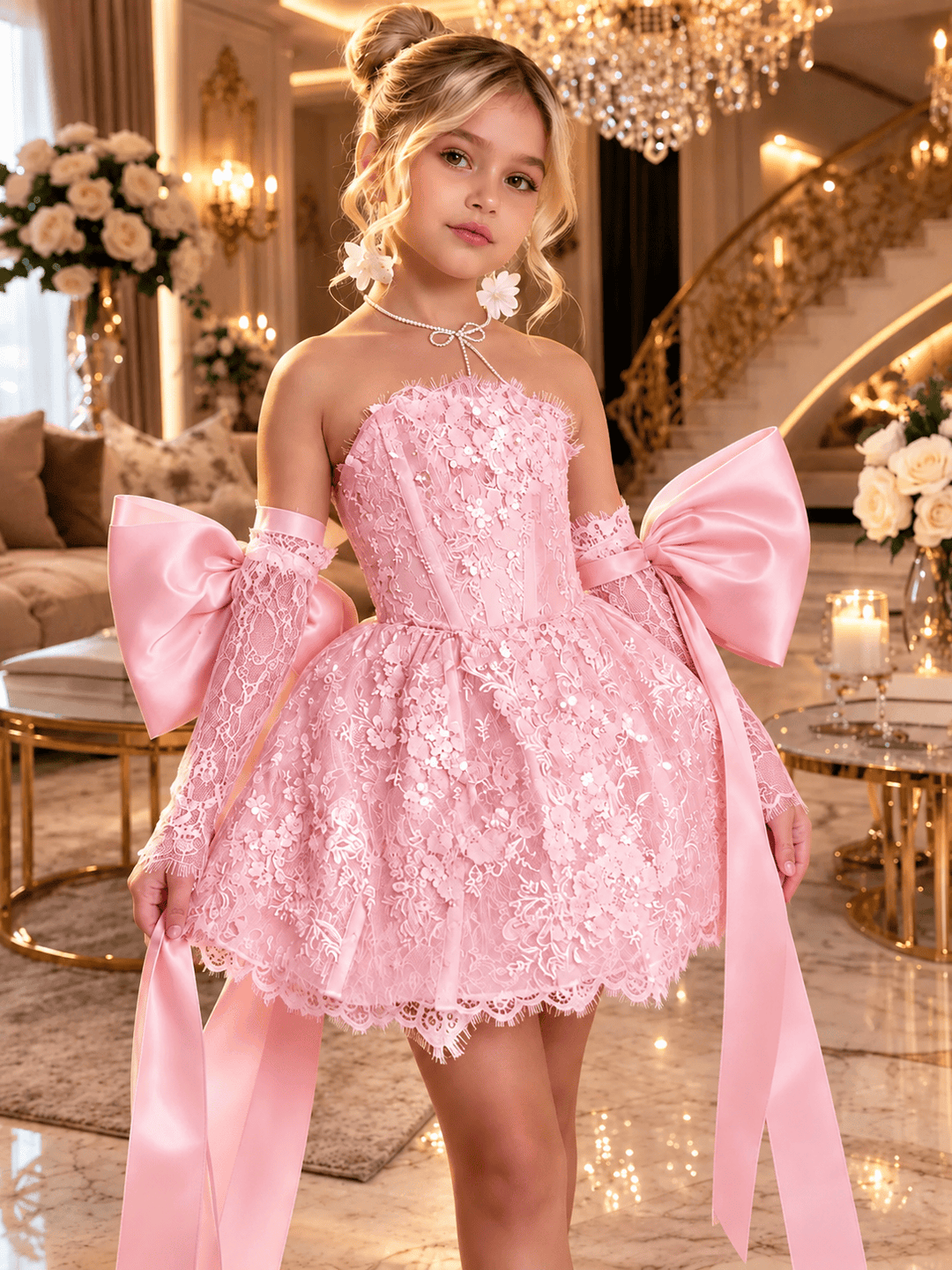 Pink / 12m Sunnypetal Dreamy Light Blue Lace Flower Girl Dress with Oversized Bows for Special Occasions