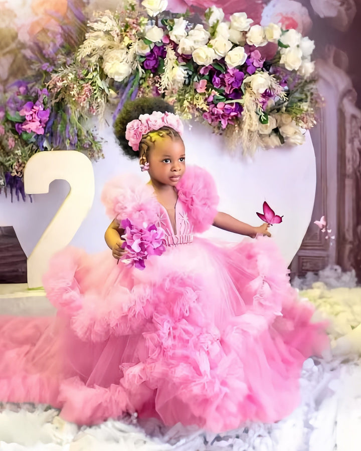 Pink / 12m Sunnypetal Lavender Ruffles Tulle Flower Girl Dresses Baby Kids Pageant Gowns