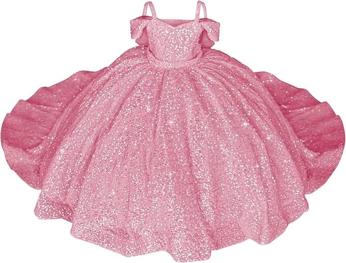 Pink / 18m Sparkly Off-Shoulder Sequin Flower Girl Pageant Dress Princess Ball Gown with Bow