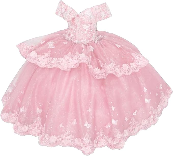 Pink / 18m Sunnypeta lEnchanted Blue Sweetheart Tulle Flower Girl Gown with Floral Appliqués