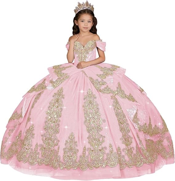 Pink / 18m Sunnypetal Elegant Gold Appliqué Off-Shoulder Flower Girl Dress with Tassel Details