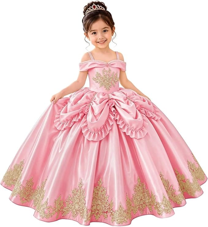 Pink / 18m Sunnypetal Elegant Golden Satin Princess Flower Girl Dress with Bow