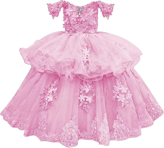 Pink / 18m Sunnypetal Elegant Off-Shoulder Tulle Ball Gown Flower Girl Dress with 3D Floral Appliqués