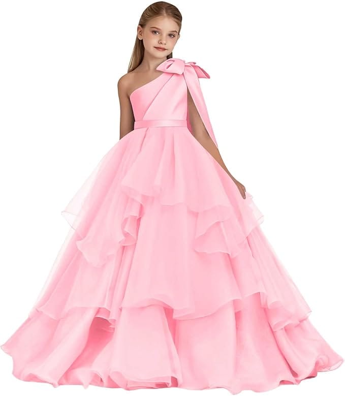Pink / 18m Sunnypetal Elegant One-Shoulder Satin Tulle Flower Girl Pageant Dress for Special Occasions