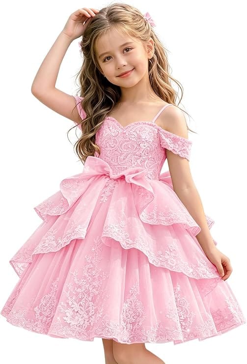 Pink / 18m Sunnypetal Elegant Sweetheart Lace Applique Princess Bow Flower Girl Pageant Dress