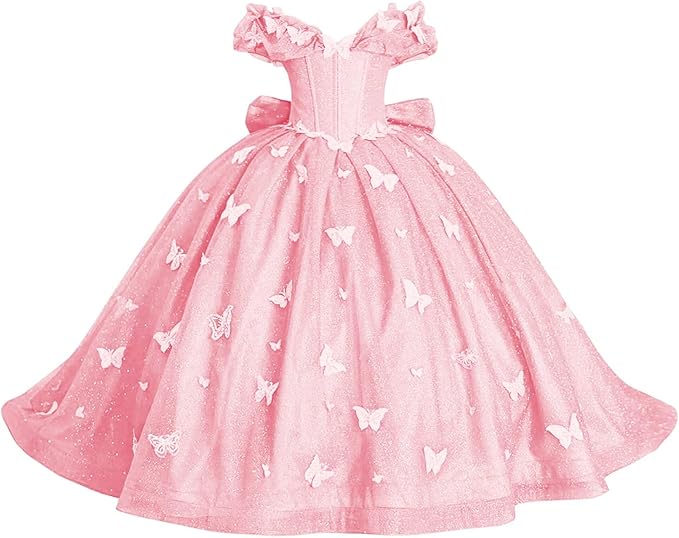 Pink / 18m Sunnypetal Enchanted Blue Butterfly Princess Flower Girl Dress