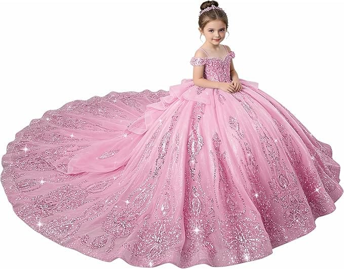 Pink / 18m Sunnypetal Enchanted Blue Off-Shoulder Flower Girl Princess Ball Gown with Sparkling Appliqués