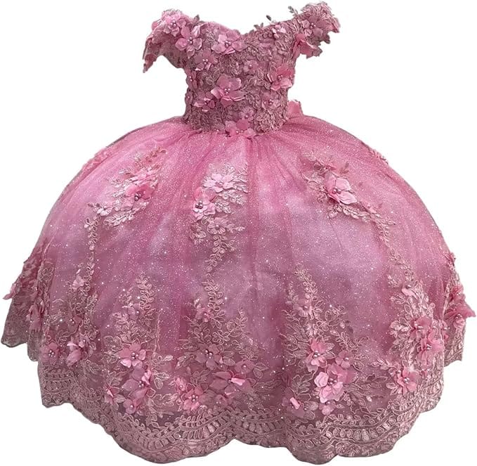 Pink / 18m Sunnypetal Enchanted Ice Blue Tulle Ball Gown Flower Girl Dress with 3D Floral Appliqués