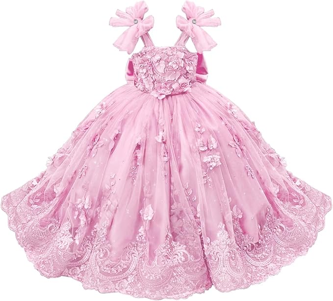 Pink / 18m Sunnypetal Enchanted Mint Green Tulle Ball Gown Flower Girl Dress with 3D Floral Appliqués