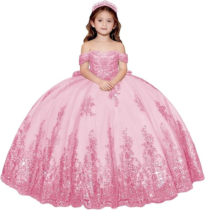Pink / 18m Sunnypetal Enchanted Off-Shoulder Tulle Ball Gown Flower Girl Dress with Lace Appliqués