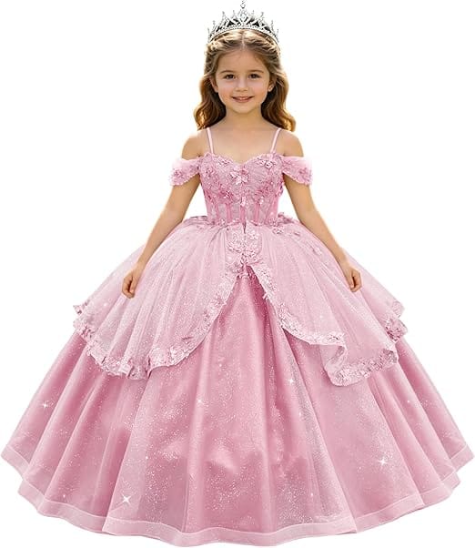 Pink / 18m SunnyPetal Enchanted Sage Green Off-Shoulder Lace Appliqué Tulle Flower Girl Gown