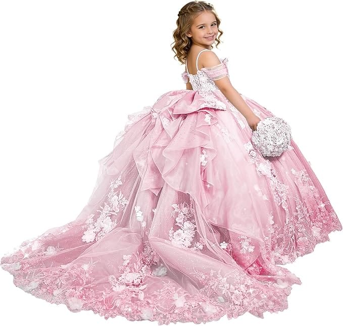 Pink / 18m Sunnypetal Exquisite 3D Floral Lace Applique Ruffle Tulle Flower Girl Ball Gown with Bow