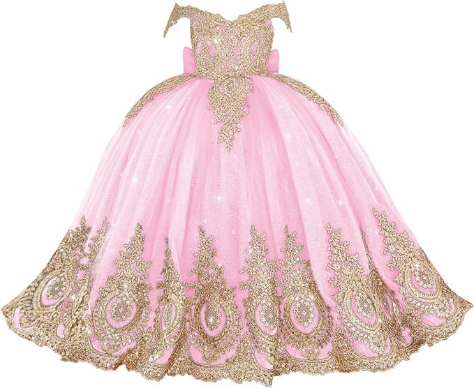 Pink / 18m Sunnypetal Exquisite Gold Appliqué Off-Shoulder Princess Flower Girl Dress with Bow