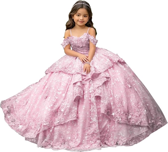 Pink / 18m Sunnypetal Exquisite Off-Shoulder 3D Floral Appliqué Pageant Flower Girl Gown
