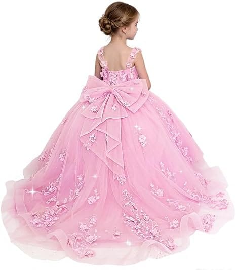 Pink / 18m Sunnypetal Exquisite Off-Shoulder 3D Floral Glitter Tulle Ball Gown Flower Girl Dress with Bow