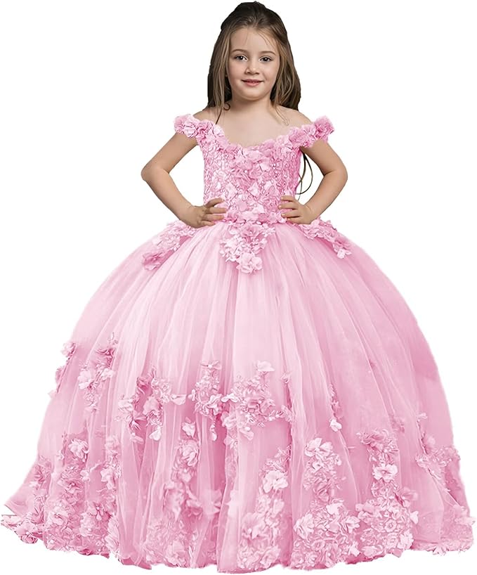 Pink / 18m Sunnypetal Exquisite Off-Shoulder Tulle 3D Floral Flower Girl Princess Dress with Satin Bow