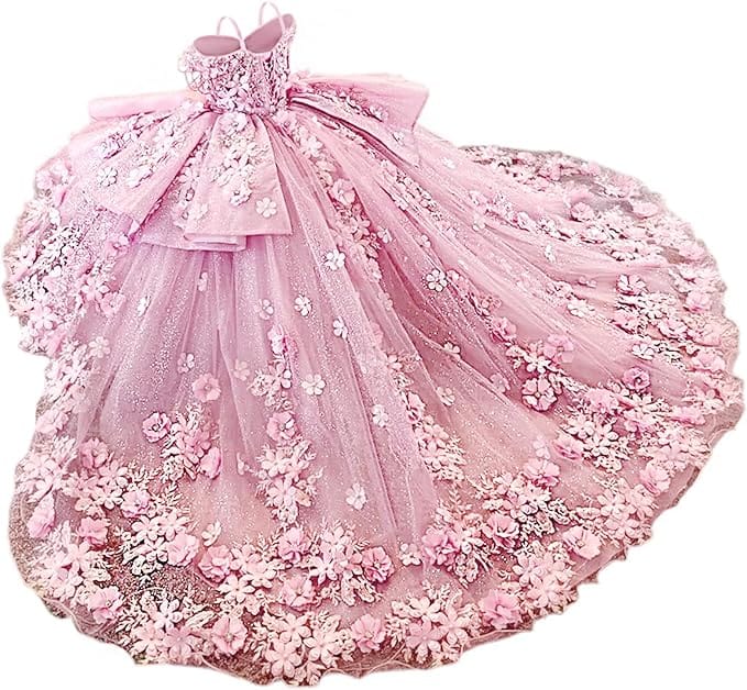 Pink / 18m Sunnypetal Exquisite Tulle Off-Shoulder Flower Girl Dress Pageant Gown with 3D Floral Appliqués