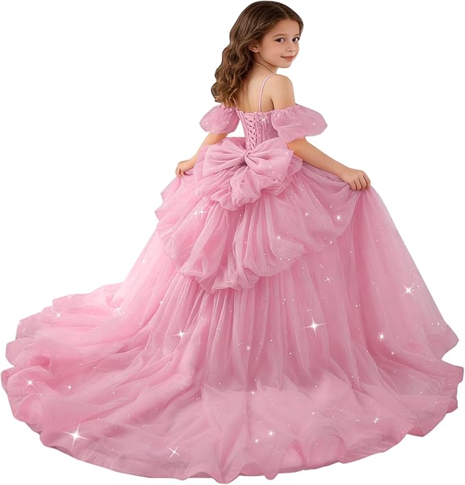 Pink / 18m Sunnypetal Girls Spaghetti Strap Glitter Tulle Ball Gown with Lace Appliqués &amp; Bow