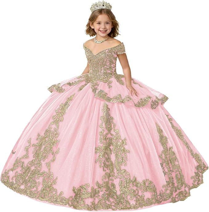 Pink / 18m Sunnypetal Gold Applique Off Shoulder Flower Girl Dress with Tassels Crystal &amp; Bow