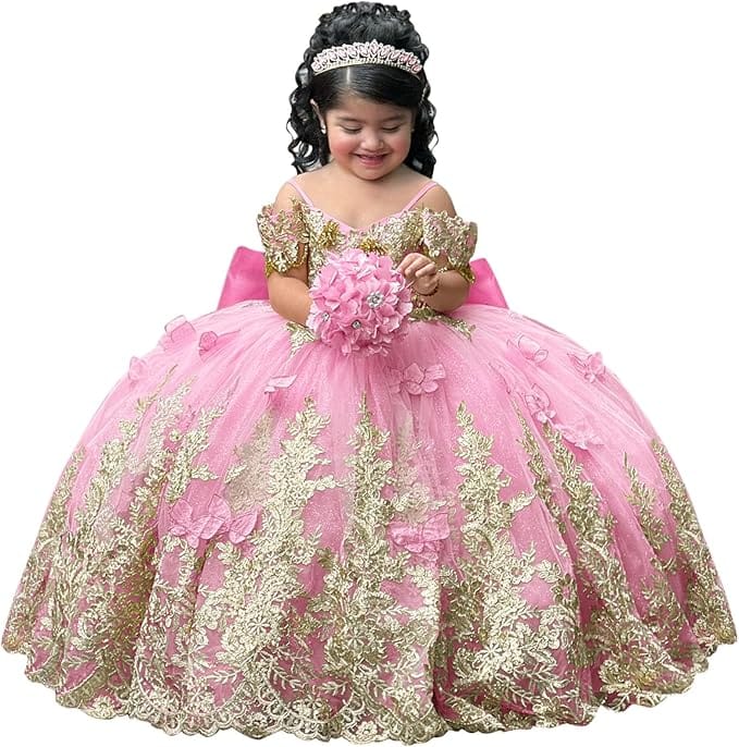 Pink / 18m Sunnypetal Gorgeous Gold Appliqués Tulle Flower Girl Ball Gown with Bow and 3D Butterflies