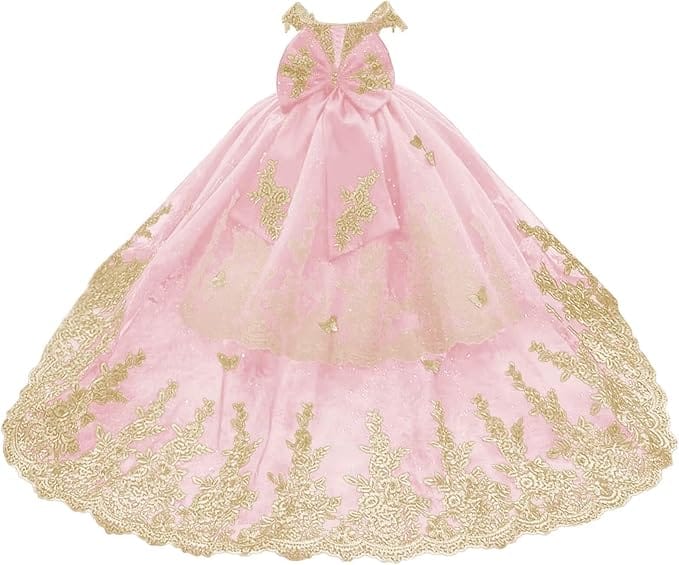 Pink / 18m Sunnypetal Gorgeous Off-Shoulder Sweetheart Tulle Flower Girl Dress with Gold Embroidery
