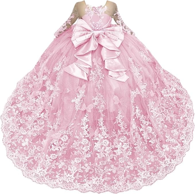 Pink / 18m Sunnypetal Lace Long Sleeve Ball Gown Flower Girl Dress with 3D Butterflies and Satin Bow