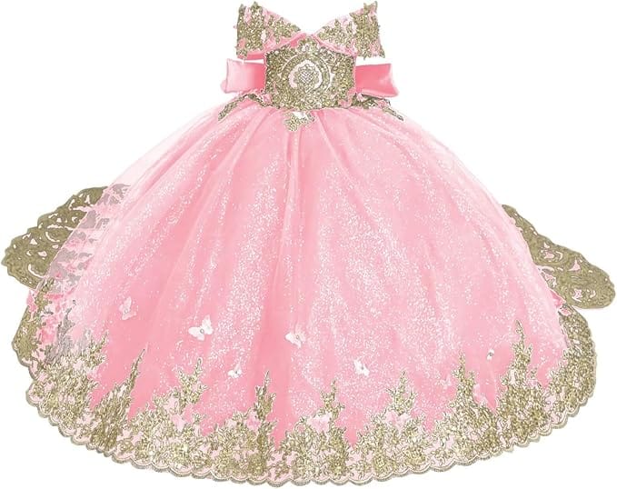Pink / 18m Sunnypetal Luxury Emerald Green Lace Appliqué Tulle Ball Gown Flower Girl Dress with Royal Train