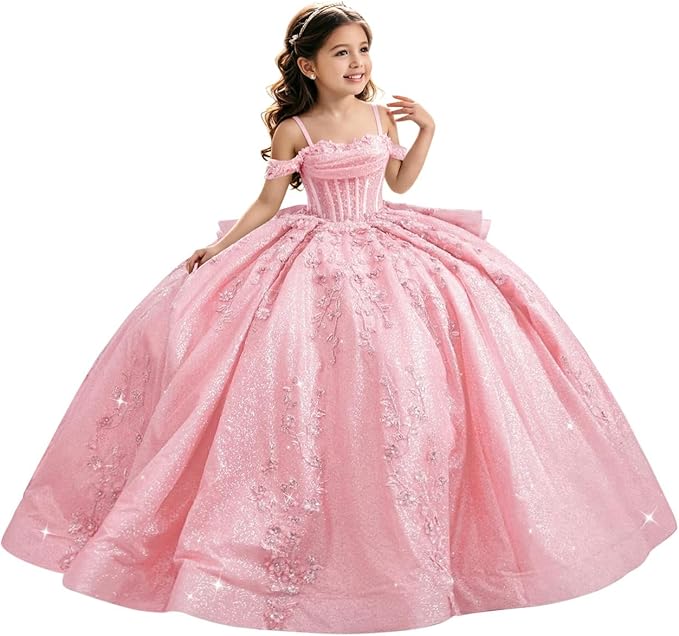 Pink / 18m Sunnypetal Luxury Glitter Tulle Off-Shoulder Ball Gown Flower Girl Dress with Train