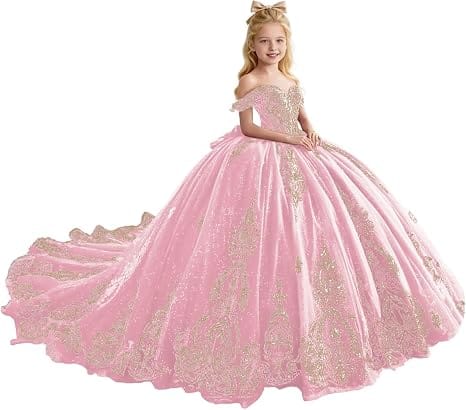 Pink / 18m Sunnypetal Luxury Gold Appliqué Glitter Tulle Flower Girl Gown with Oversized Bow
