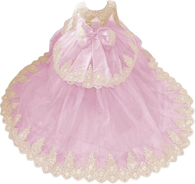 Pink / 18m Sunnypetal Luxury Gold Lace Appliqué Tulle Ball Gown Flower Girl Dress with Royal Train