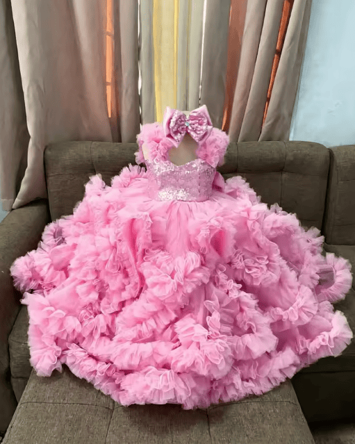 Pink / 18m Sunnypetal Luxury Hot Pink Ruffle Tulle Flower Girl Ball Gown with Sequin Bow