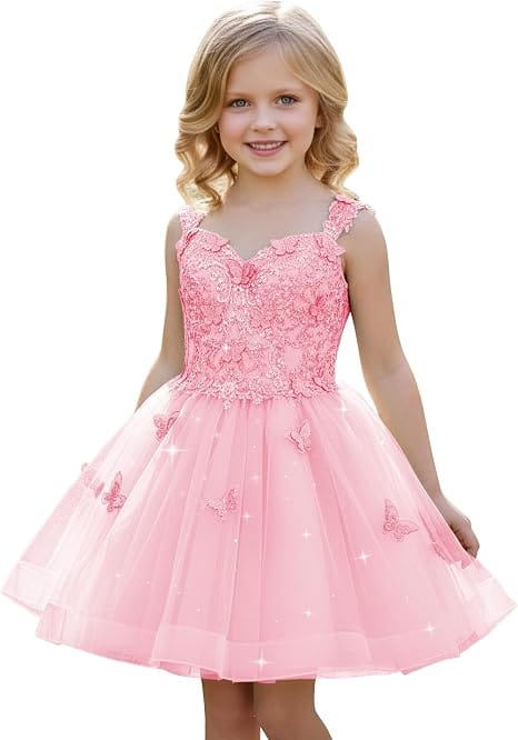 Pink / 18m Sunnypetal Luxury Mint Green Butterfly Lace Flower Girl Dress