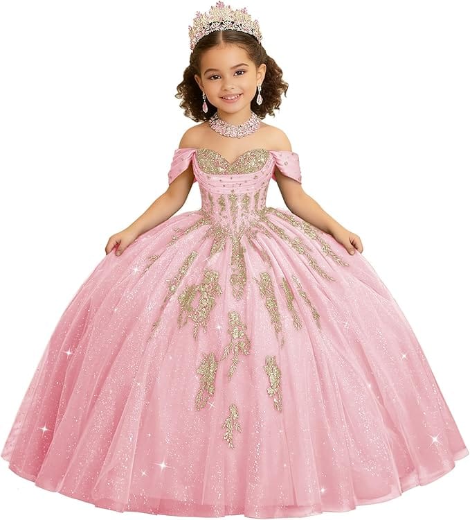 Pink / 18m Sunnypetal Luxury Off-Shoulder Gold Lace Applique Princess Flower Girl Ball Gown Dress