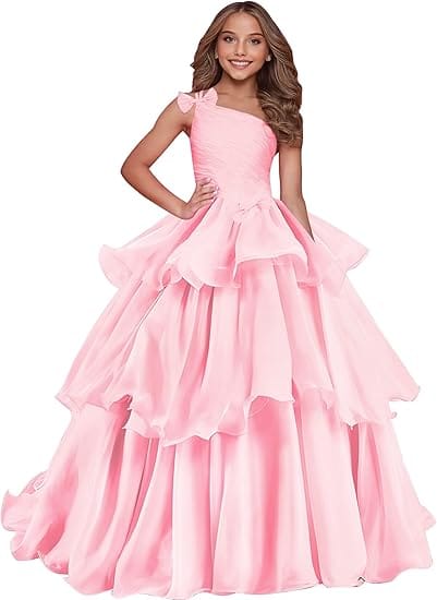 Pink / 18m Sunnypetal Luxury One-Shoulder Puffy Organza Flower Girl Dress Princess Pageant Gown