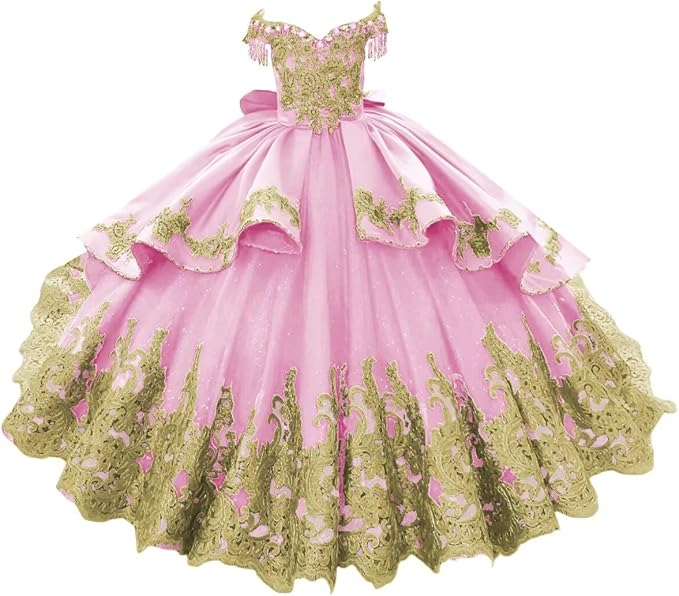 Pink / 18m Sunnypetal Luxury Royal Blue Off-Shoulder Ball Gown Flower Girl Dress with Gold Embroidery