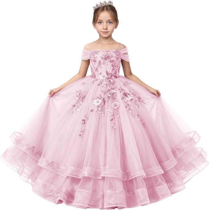 Pink / 18m Sunnypetal Off-Shoulder Floral Appliqué Tulle Flower Girl Dress for Special Occasions