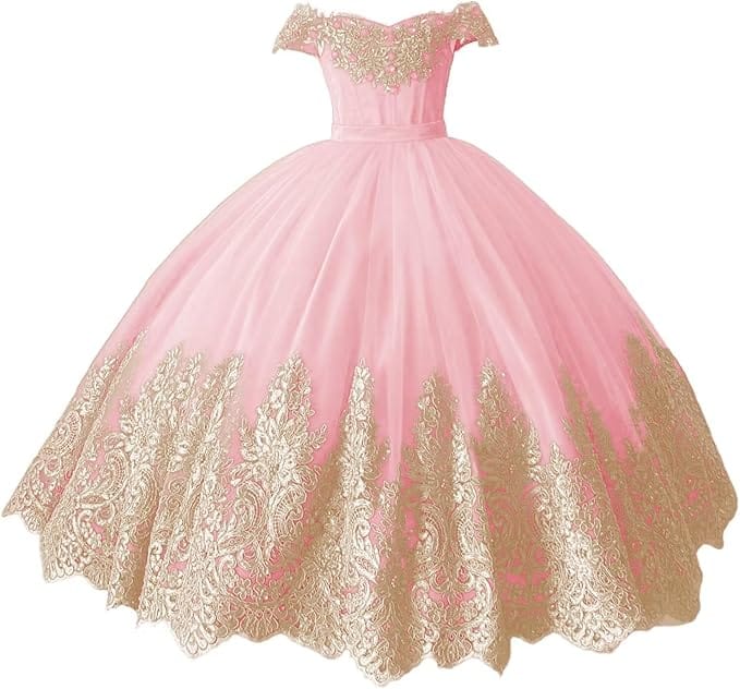 Pink / 18m Sunnypetal Off-Shoulder Gold Lace Beaded Puffy Tulle Flower Girl Gown for Special Occasions