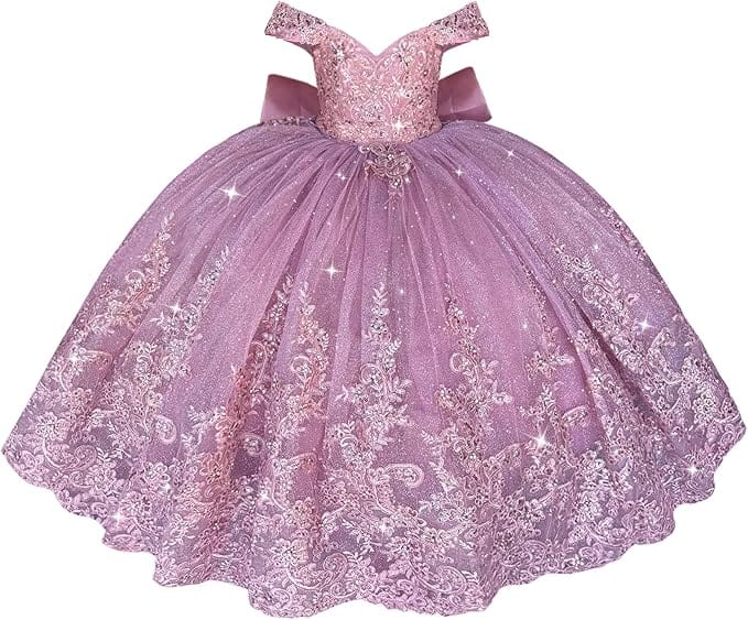 Pink / 18m Sunnypetal Off Shoulder Sweetheart Lace Tulle Flower Girl Pageant Dress with Bow