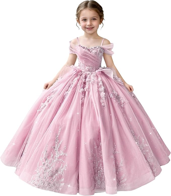 Pink / 18m Sunnypetal Off-Shoulderl 3D Lace Appliqué Tiered Ruffle Flower Girl Dress for Pageant