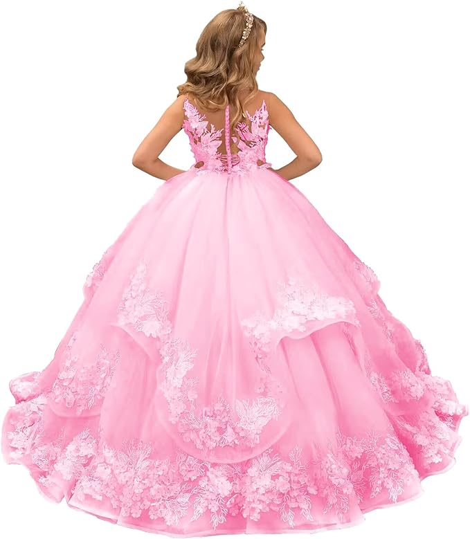 Pink / 18m Sunnypetal Pink Lace Appliques Floral Flower Girl Dresses Birthday Party Princess Dresss