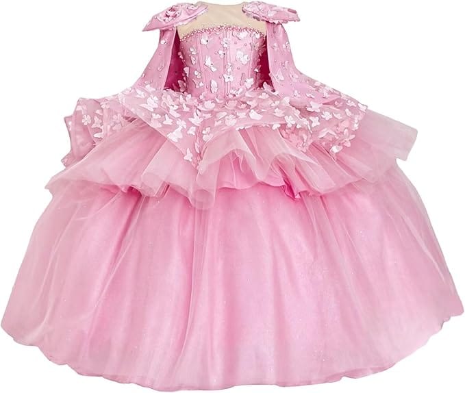 Pink / 18m Sunnypetal Princess Pink Tulle Ball Gown Flower Girl Dress with Butterfly Appliqués and Cape