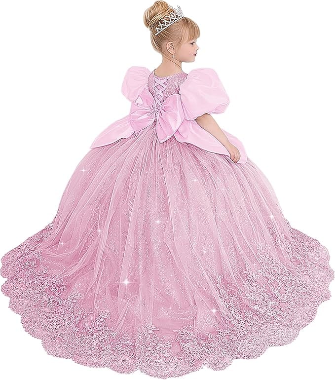 Pink / 18m Sunnypetal Princess Sky Blue Tulle Lace Flower Girl Dress with Bow and Puff Sleeves