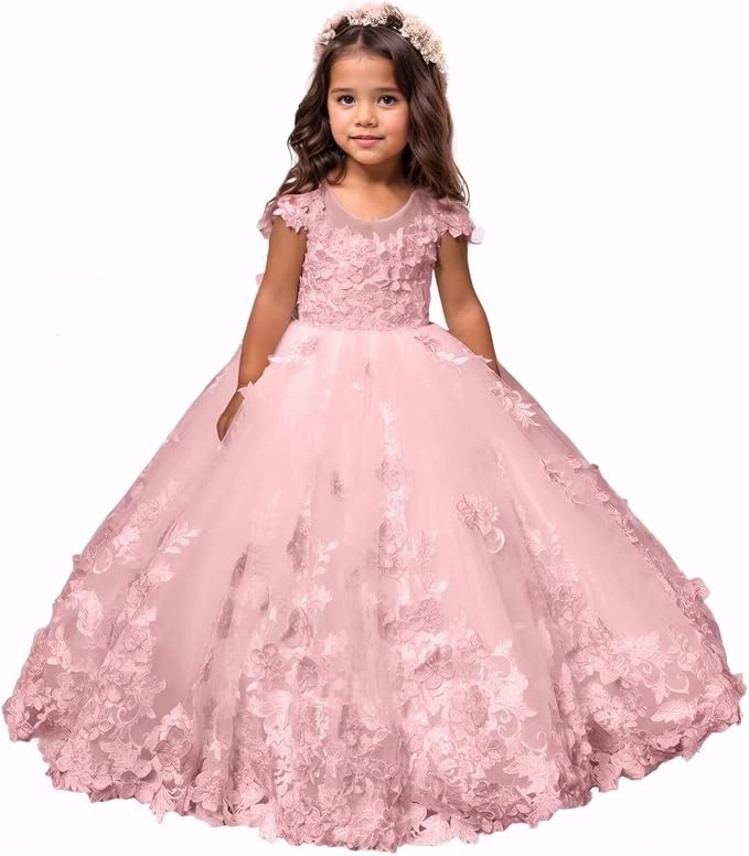Pink / 18m Sunnypetal Romantic Blush Floral Lace Tulle Flower Girl Ball Gown
